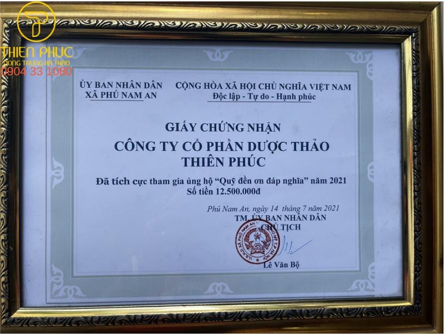 Thiên Phúc ủng hộ Quỹ đền ơn đáp nghĩa năm 2021