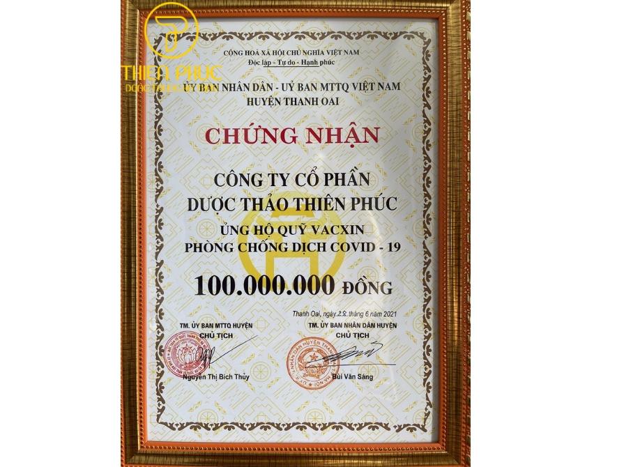 Giấy chứng nhận ủng hộ quỹ vaccine phòng dịch Covid-19